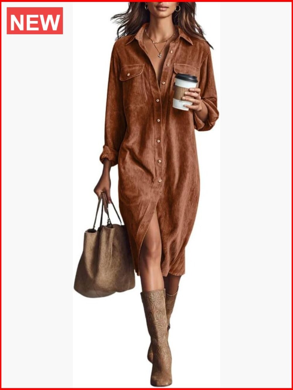 Corduroy Button Down Shirt Dress A-Line Pleated Midi Long Sleeve Shift Dress